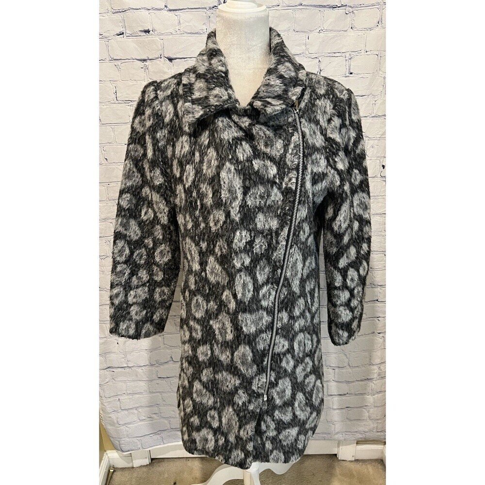 LOFT Womens Gray Leopard Spotted Moto Coat Asymmetric Zip Wool Blend size Medium